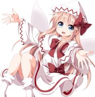1_female bad_id bad_twitter_id blonde_hair blue_eyes blush boots bow cloak dress fairy fairy_wings female footwear girl hair_bow hair_ornament happy hat lily_white long_hair long_sleeves looking_at_viewer mature mythical open_mouth ribbon ruu_(tksymkw) safe simple_background single sitting smile socks solo spread_arms tall_image touhou tsurukou white_background white_socks wide_sleeves wings // 977x1000 // 441.0KB
