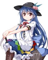 1_female 1girl blue_hair blush boots bow cross-laced_footwear female food footwear fringe fruit girl hat hinanawi_tenshi knee_boots lacing long_hair looking_at_viewer mature peach pov puffy_short_sleeves puffy_sleeves red_eyes ruu_(tksymkw) safe shirt short_sleeves simple_background single sitting sitting_on_rock skirt smile solo sword_of_hisou tall_image touhou very_long_hair white_background // 810x1000 // 459.6KB