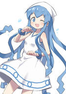 1girl ;d absurdres bangs blue_eyes blue_hair bracelet commentary commentary_request dress gazacy_(dai) general hat highres ikamusume jewelry long_hair looking_at_viewer medium_dress one_eye_closed open_mouth shinryaku!_ikamusume shoes sleeveless sleeveless_dress smile solo squid_hat tentacle_hair white_dress white_footwear white_headwear // 2369x3357 // 1.7MB