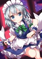 1girl apron bangs blue_dress blue_eyes blush bow braid breasts dress feet_out_of_frame frilled_apron frills full_moon green_bow green_ribbon hair_between_eyes hair_bow highres holding holding_knife holding_weapon izayoi_sakuya knife looking_at_viewer maid maid_apron maid_headdress moon night petticoat pocket_watch puffy_short_sleeves puffy_sleeves ribbon ruu_(tksymkw) shirt short_hair short_sleeves smile solo thighs touhou twin_braids waist_apron watch weapon white_apron white_shirt wrist_cuffs // 1000x1400 // 1.0MB
