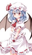1_female 1girl ascot bat_wings blue_hair blush bodily_fluids bonnet brooch female frilled_shirt_collar girl hat hat_ribbon jewelry long_hair looking_at_viewer mature mob_cap neckerchief puffy_short_sleeves puffy_sleeves red_eyes red_ribbon remilia_scarlet ribbon ruu_(tksymkw) safe sash short_hair short_sleeves simple_background single skirt skirt_set solo striped striped_background sweat tall_image touhou white_background wings wrist_cuffs // 583x1000 // 343.1KB