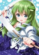 1girl arms_up bangs bare_shoulders blue_background blue_eyes blush bobbles breasts clothing collared_shirt detached_sleeves eyebrows_visible_through_hair eyes_visible_through_hair female frog_hair_ornament gohei green_hair hair_between_eyes hair_ornament hands_up high_resolution kochiya_sanae long_hair long_sleeves looking_to_the_side medium_breasts one-hour_drawing_challenge open_mouth purple_skirt ribbon ruu_(tksymkw) shirt skirt smile snake_hair_ornament solo standing tongue touhou touhou_project white_ribbon white_shirt wide_sleeves // 1000x1400 // 1.0MB