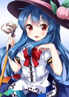 1girl black_headwear blue_hair blue_skirt blush bow bowtie buttons center_frills collared_shirt eyebrows_visible_through_hair food frills fruit hair_between_eyes hat highres hinanawi_tenshi holding holding_sword holding_weapon lolibooru long_hair looking_at_viewer open_mouth peach puffy_short_sleeves puffy_sleeves rainbow_order red_bow red_bowtie red_eyes ruu_(tksymkw) safe shirt short_sleeves skirt smile solo sword sword_of_hisou touhou touhou_project weapon white_shirt // 1000x1400 // 982.2KB