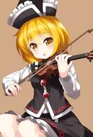 1_female 1girl blonde_hair bow_(instrument) eyebrows eyebrows_visible_through_hair female frilled_hat frills hair_between_eyes hat high_resolution highres instrument lolibooru long_sleeves lunasa_prismriver mature music musical_instrument open_mouth playing_instrument ruu_(tksymkw) safe short_hair simple_background sitting skirt skirt_set solo touhou touhou_project violin yellow_eyes // 900x1320 // 647.5KB