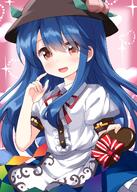 1girl black_headwear blue_hair blue_skirt blush buttons candy center_frills chocolate collared_shirt eyebrows_visible_through_hair food frills fruit hair_between_eyes hat heart heart-shaped_chocolate highres hinanawi_tenshi holding holding_chocolate holding_food lolibooru long_hair looking_at_viewer open_mouth peach puffy_short_sleeves puffy_sleeves rainbow_order red_eyes ruu_(tksymkw) safe shirt short_sleeves skirt smile solo touhou touhou_project valentine white_shirt // 1000x1400 // 956.6KB
