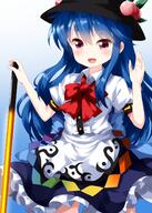 1girl bangs black_headwear blue_background blue_hair blue_skirt bow bowtie buttons center_frills collared_shirt cowboy_shot eyebrows eyebrows_visible_through_hair female food frilled_skirt frills fruit gradient gradient_background hair_between_eyes hand_up highres hinanawi_tenshi holding holding_sword holding_weapon leaf lolibooru long_hair looking_at_viewer open_mouth peach rainbow_order red_bow red_eyes red_neckwear ruu_(tksymkw) safe shirt short_sleeves skirt smile solo standing sword sword_of_hisou touhou touhou_project weapon white_shirt // 1000x1400 // 912.0KB