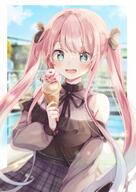 +_+ 1girl armpit_crease backlighting bag bangs black_bow blurry blurry_background blush_visible_through_hair border bow breasts collarbone cowboy_shot d floating_hair food gomano_rio gradient_hair green_eyes hair_between_eyes hair_bow hand_up handbag highres holding holding_food ice_cream ice_cream_cone lens_flare light_blush long_hair looking_at_food medium_breasts multicolored_hair no_bra off-shoulder_shirt off_shoulder open_mouth original outdoors outside_border pink_hair plaid plaid_skirt pool poolside raised_eyebrows see-through shiny shiny_hair shirt sidelocks skirt sky smile solo strap translucent_hair twintails very_long_hair white_border white_hair // 1414x2000 // 295.1KB