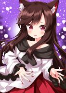 1girl animal_ears bangs bare_shoulders brown_hair dress female fingernails high_resolution imaizumi_kagerou long_fingernails long_hair looking_at_viewer o one-hour_drawing_challenge open_mouth purple_background red_eyes red_nails ruu_(tksymkw) touhou touhou_project white_dress wolf_ears wolf_girl // 1000x1400 // 995.8KB