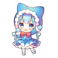 1girl adapted_costume arm_up bangs blue_bow blue_coat blue_eyes blue_footwear blue_gloves blue_hair blue_skirt blush boots bow bowtie chibi cirno coat eyebrows_visible_through_hair full_body gloves hair_bow hands_up hood ice ice_wings long_sleeves looking_at_viewer mittens open_mouth pantyhose pjrmhm_coa red_bow red_bowtie safe short_hair simple_background skirt smile solo standing touhou white_background white_legwear white_pantyhose wings // 1000x1000 // 81.8KB