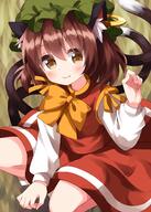 1girl animal_ears blush brown_eyes brown_hair cat_ears cat_tail chen closed_mouth dress earrings fang green_headwear hair_between_eyes hat highres jewellery long_sleeves mob_cap multiple_tails red_dress ruu_(tksymkw) short_hair single_earring smile solo tail touhou touhou_project two_tails // 1000x1400 // 953.9KB