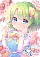 1girl blue_eyes blue_skirt blue_vest blush bow bowtie candy character_doll chocolate chocolate_heart cirno closed_mouth daiyousei eyebrows_visible_through_hair fairy fairy_wings food green_hair hair_between_eyes hair_bow heart heart-shaped_chocolate holding holding_spatula lolibooru long_hair long_sleeves one_side_up pjrmhm_coa safe shirt side_ponytail skirt solo spatula touhou touhou_project valentine vest white_shirt wings yellow_bow // 715x1000 // 135.2KB