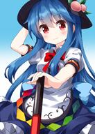 1girl bangs black_headwear blue_background blue_hair blue_skirt bow bowtie closed_mouth eyebrows_visible_through_hair female food frilled_skirt frills fruit gradient gradient_background hand_on_headwear highres hinanawi_tenshi holding holding_sword holding_weapon leaf lolibooru long_hair looking_at_viewer peach puffy_short_sleeves puffy_sleeves rainbow_order red_bow red_eyes red_neckwear ruu_(tksymkw) safe shirt short_sleeves skirt smile solo standing sword sword_of_hisou touhou touhou_project weapon white_shirt // 1000x1400 // 882.9KB