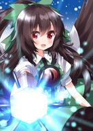 1girl arm_cannon bird_wings black_hair black_wings blush bow clothing collared_shirt feathered_wings female frilled_skirt frills green_bow green_skirt hair_between_eyes hair_bow hair_ornament high_resolution highres long_hair open_mouth puffy_short_sleeves puffy_sleeves red_eyes reiuji_utsuho ruu_(tksymkw) shirt short_sleeves skirt smile solo third_eye touhou touhou_project useless_tags weapon white_shirt wings // 1000x1400 // 1.0MB