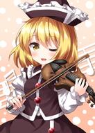 1girl beamed_sixteenth_notes black_headwear black_skirt black_vest blonde_hair blush hat highres holding holding_instrument instrument juliet_sleeves long_sleeves lunasa_prismriver music musical_note one_eye_closed open_mouth playing_instrument puffy_sleeves quarter_note ruu_(tksymkw) shirt short_hair skirt smile solo touhou upper_body vest violin white_shirt yellow_eyes // 1000x1400 // 887.2KB