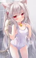 1girl animal_ear_fluff animal_ears bathing bell blush breasts cat_ears cat_girl choker clothing commission covered_navel female grey_hair hair_ornament hairclip high_resolution highres jingle_bell kata_rosu long_hair nekomimi one-piece_swimsuit original questionable red_eyes school_swimsuit sensitive shower_head showering skeb_commission small_breasts solo sukumizu swimsuit tank_suit thighs tile_wall tiles two_side_up wet wet_clothes wet_swimsuit white_swimsuit // 926x1469 // 916.2KB