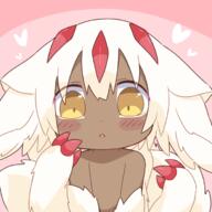 1girl ameamee69 animal_ear_fluff animal_ears blush blush_stickers claws commentary_request dark-skinned_female dark_skin extra_arms eyes_visible_through_hair faputa fewer_digits hands_up heart looking_at_viewer made_in_abyss multiple_tails nude o parted_lips pink_background sensitive solo tail upper_body white_fur white_hair // 700x700 // 194.9KB