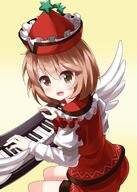 1girl bangs brown_eyes brown_hair d eyebrows_visible_through_hair falling_star female frilled_hat frills hat hat_ornament highres instrument keyboard_(instrument) lolibooru long_sleeves looking_at_viewer lyrica_prismriver medium_hair music open_mouth playing_instrument red_headwear red_skirt red_vest ruu_(tksymkw) safe shirt simple_background sitting skirt skirt_set smile solo touhou touhou_project vest white_shirt white_wings wings yellow_background // 1000x1400 // 743.6KB