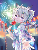 1girl ahoge amimi animal_ears bangs blunt_bangs blurry blurry_background bow candy candy_apple commission d dot_nose drill_hair fireworks floral_print food hair_bow hair_ornament heart heart-shaped_pupils highres holding holding_candy holding_food japanese_clothes kimono lantern lantern_festival light_particles looking_at_viewer night obi original outdoors outstretched_hand paper_lantern parted_lips purple_eyes sash short_hair skeb_commission sky sky_lantern smile star_(symbol) star_hair_ornament string_lights symbol-shaped_pupils twin_drills white_hair white_kimono yukata // 1264x1646 // 1.7MB