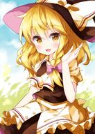 1girl apron ascot bangs black_headwear black_skirt black_vest blonde_hair blue_sky bow braid cowboy_shot d eyebrows eyebrows_visible_through_hair female frilled_apron frills grass hair_between_eyes hair_bow hat hat_bow highres kirisame_marisa lolibooru long_hair looking_at_viewer open_mouth outdoors puffy_short_sleeves puffy_sleeves purple_bow ruu_(tksymkw) safe shirt short_sleeves side_braid single_braid skirt sky smile solo standing touhou touhou_project vest waist_apron white_apron white_ascot white_bow white_neckwear white_shirt witch_hat yellow_eyes // 1000x1400 // 1.0MB