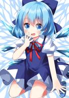 1girl bangs blouse blue_dress blue_eyes blue_hair blush bow cirno covering_mouth d dress eyebrows_visible_through_hair hair_between_eyes hair_bow hand_over_own_mouth highres ice ice_wings lolibooru looking_at_viewer neck_ribbon open_mouth puffy_short_sleeves puffy_sleeves red_ribbon ribbon ruu_(tksymkw) safe shirt short_hair short_sleeves sitting smile solo touhou touhou_project white_shirt wings // 1000x1400 // 840.3KB