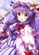 1girl blue_bow blue_ribbon blush book bow dress hair_bow hat hat_ribbon highres holding holding_book light long_hair looking_at_viewer mob_cap one-hour_drawing_challenge open_book open_hand open_mouth patchouli_knowledge purple_background purple_eyes purple_hair red_bow red_ribbon ribbon robe ruu_(tksymkw) smile solo striped striped_dress touhou very_long_hair wide_sleeves // 1000x1400 // 1.0MB
