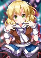1girl arm_warmers bangs black_skirt blonde_hair blurry blurry_background blush breasts brown_shirt danmaku depth_of_field fingernails green_eyes green_nails hands_up highres looking_at_viewer mizuhashi_parsee nail_polish o open_mouth pointy_ears ruu_(tksymkw) scarf shirt short_hair short_sleeves skirt solo touhou white_scarf // 1000x1400 // 1.1MB