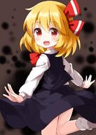 1girl bangs black_dress black_skirt black_vest blonde_hair blush d dark_background dress frilled_skirt frills hair_ribbon highres lolibooru long_sleeves looking_at_viewer looking_back one-hour_drawing_challenge open_mouth outstretched_arm outstretched_arms red_eyes red_ribbon ribbon rumia ruu_(tksymkw) safe shirt short_hair skirt smile solo touhou touhou_project vest white_legwear // 1000x1400 // 138.4KB