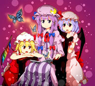 3_females 3_girls 3girls arthropod ascot bat_wings blonde_hair bonnet book bow bug butterfly chair chin_rest dress female female_focus flandre_scarlet girl hair_bow hand_on_head hand_on_headwear hat head_rest headpat insect long_hair multiple_females multiple_girls o open_book open_mouth patchouli_knowledge petting purple_eyes purple_hair reading red_eyes remilia_scarlet ruu_(tksymkw) safe short_hair sitting smile striped the_very_hungry_caterpillar touhou wings // 1100x1000 // 658.9KB