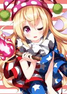 1girl ;d american_flag_dress american_flag_legwear bangs blonde_hair clownpiece dress eyebrows_visible_through_hair fire flower hat highres holding holding_torch jester_cap lolibooru long_hair looking_at_viewer multicolored multicolored_background multicoloured neck_ruff one_eye_closed open_mouth patterned_background pink_eyes pink_fire pink_headwear polka_dot_headwear red_background ruu_(tksymkw) safe short_sleeves smile solo star_(symbol) star_print striped striped_background striped_dress striped_legwear torch touhou touhou_project two-tone_background white_background // 1000x1400 // 920.9KB