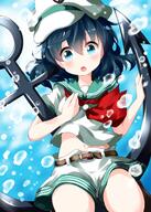 1_female 1girl anchor anchor_symbol anime-pictures.net aqua_eyes bangs belt black_hair blue_background blue_eyes blush breasts brown_belt bubble_(bubbles) commentary_request cowboy_shot danbooru eyebrows eyebrows_visible_through_hair female flat_cap fringe girl green_sailor_collar hair_between_eyes hands_up hat headwear high_resolution highres legwear looking_at_viewer midriff murasa_minamitsu navel o open_mouth pov puffy_short_sleeves puffy_sleeves ruu_(tksymkw) safe sailor_collar sailor_hat sailor_shirt sailor_suit shirt short_hair short_shorts short_sleeves shorts single small_breasts solo stomach tall_image touhou water water_drop white_headwear white_shirt white_shorts // 1000x1400 // 1.0MB