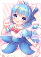1girl adapted_costume animal_ears animal_hands bell blue_bow blue_dress blue_eyes blue_hair blush bow cat_ears cat_paws cat_tail cirno detached_wings dress eyebrows_visible_through_hair fairy gloves hair_between_eyes hair_bow highres ice ice_wings jingle_bell lolibooru open_mouth paw_gloves paws pjrmhm_coa puffy_short_sleeves puffy_sleeves safe short_hair short_sleeves smile solo star_(symbol) tail touhou touhou_project wings // 1000x1399 // 1.2MB