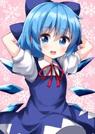 1girl arms_behind_head bangs blue_bow blue_dress blue_eyes blue_hair bow cirno d dress eyebrows_visible_through_hair female_focus hair_bow highres ice ice_wings lolibooru looking_at_viewer open_mouth pinafore_dress pink_background puffy_short_sleeves puffy_sleeves red_neckwear ruu_(tksymkw) safe shirt short_hair short_sleeves smile snowflake_background solo standing touhou touhou_project white_shirt wings // 1000x1400 // 865.9KB