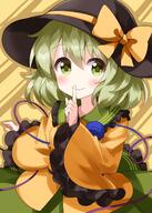 1girl bangs black_headwear blouse bow brown_background closed_mouth collar eyebrows_visible_through_hair eyes_visible_through_hair frills green_collar green_eyes green_hair green_skirt hair_between_eyes hand_up hat hat_bow highres komeiji_koishi lolibooru long_sleeves looking_at_viewer patterned_background ruu_(tksymkw) safe short_hair skirt smile solo striped striped_background touhou touhou_project yellow_background yellow_blouse yellow_bow yellow_sleeves // 1000x1400 // 860.0KB