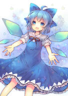 1_female 1girl ahoge blue_dress blue_eyes blue_hair blush bow cirno dress female floral_print girl hair_bow ice ice_wings open_mouth outstretched_arms pjrmhm_coa puffy_short_sleeves puffy_sleeves safe shirt short_hair short_sleeves single smile solo spread_arms tall_image touhou wings // 706x1000 // 113.4KB
