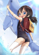 1girl absurdres arm_up ass backpack bag black_hair blue_eyes blue_swimsuit blush clothing cloud female from_behind high_resolution highres inflatable_animal inflatable_dolphin inflatable_toy large_filesize legwear loli long_hair looking_back one-piece_swimsuit one_arm_up open_mouth original outdoors partially_submerged ponytail questionable randosel randoseru ribbon school_swimsuit sensitive sky smile solo sukumizu sun swimsuit tank_suit thighhighs thighs tied_hair user_muhr7422 very_high_resolution wading water white_legwear yappariga ゆぐゆぐ // 2894x4093 // 5.2MB