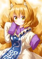 1girl animal_ear_fluff animal_ears bangs beige_background blonde_hair blue_tabard blush breasts closed_mouth cowboy_shot dress eyebrows_visible_through_hair floppy_sleeves fox_ears fox_tail frills hair_between_eyes hand_up highres looking_at_viewer medium_breasts medium_hair multiple_tails no_hat no_headwear one-hour_drawing_challenge ruu_(tksymkw) simple_background sleeves_past_fingers sleeves_past_wrists smile solo tabard tail touhou white_dress yakumo_ran yellow_eyes // 1000x1400 // 1010.4KB