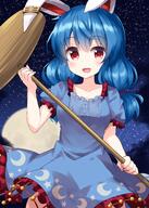 1girl animal_ears bangs blue_dress blue_hair breasts bunny_ears cowboy_shot crescent_print dress ear_clip eyebrows eyebrows_visible_through_hair female full_moon highres holding holding_mallet kine lolibooru long_hair looking_at_viewer low_twintails mallet medium_breasts moon night open_mouth outdoors red_eyes ruu_(tksymkw) safe seiran_(touhou) short_sleeves sky smile solo standing star_(sky) star_(symbol) star_print starry_sky touhou touhou_project twin_tails twintails yellow_moon // 1000x1400 // 1.1MB