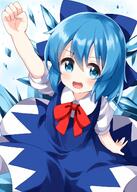 1girl arm_up bangs blue_background blue_bow blue_dress blue_eyes blue_hair bow bowtie cirno clenched_hand d dress eyebrows_visible_through_hair from_above hair_bow highres ice ice_wings lolibooru looking_at_viewer open_mouth pinafore_dress red_bow red_neckwear ruu_(tksymkw) safe shirt short_hair short_sleeves smile solo touhou touhou_project white_shirt wings // 1000x1400 // 830.0KB