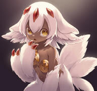 1girl animal_ear_fluff animal_ears body_fur brown_eyes choke_(amamarin) claws dark-skinned_female dark_skin extra_arms extra_tails faputa furry furry_female hand_to_own_mouth made_in_abyss monster_girl navel open_mouth sensitive short_hair solo tail white_hair // 905x850 // 449.3KB