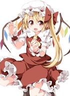 1_female 1girl ascot asymmetrical_hair bent_knee_(knees) blonde_hair blush bonnet bow d fang fang_(fangs) female flandre_scarlet frills girl hair_bow hair_ornament hat hat_ribbon long_hair looking_at_viewer mob_cap neckerchief one_side_up open_mouth ponytail puffy_short_sleeves puffy_sleeves red_eyes ruu_(tksymkw) safe short_hair short_sleeves side_ponytail simple_background single skirt skirt_set smile solo striped tall_image teeth tied_hair touhou white_background wings wrist_cuffs // 727x1000 // 392.9KB