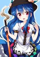 1girl bangs black_headwear blue_background blue_hair blue_skirt bow bowtie buttons center_frills collared_shirt eyebrows_visible_through_hair female food frilled_skirt frills fruit hair_between_eyes highres hinanawi_tenshi holding holding_sword holding_weapon leaf lolibooru long_hair looking_at_viewer open_mouth peach puffy_short_sleeves puffy_sleeves rainbow_order red_bow red_eyes red_neckwear ruu_(tksymkw) safe shirt short_sleeves simple_background skirt smile solo standing sword sword_of_hisou touhou touhou_project weapon white_shirt // 1000x1400 // 978.7KB