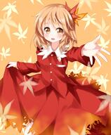 aki_shizuha autumn_leaves blonde_hair blouse blush fringe girl hair_ornament leaf_(leaves) long_skirt looking_at_viewer maple_leaf open_mouth outstretched_hand red_skirt ruu_(tksymkw) shirt short_hair single skirt standing tall_image touhou yellow_background yellow_eyes // 1700x2072 // 386.0KB