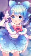 1girl absurdres adapted_costume bangs blue_background blue_bow blue_capelet blue_eyes blue_hair blue_skirt blush bow bowtie capelet cirno eyebrows_visible_through_hair eyes_visible_through_hair frills gloves hair_between_eyes hair_bow hand_up highres ice ice_wings long_sleeves looking_at_viewer open_mouth pink_bow pjrmhm_coa purple_background red_bow red_bowtie safe shirt short_hair skirt smile snowflakes solo touhou touhou_project white_gloves white_shirt wings // 1452x2560 // 387.4KB