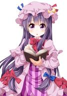1_female 1girl 20171213 blush bonnet book book_(books) bow capelet coat crescent dress female fringe girl hair_bow hair_ornament hair_ribbon hat long_hair long_sleeves looking_at_viewer mature mob_cap moon_(symbol) open_book open_clothes open_coat open_mouth patchouli_knowledge pov purple_eyes purple_hair rakugakiyarou reading ribbon ruu_(tksymkw) safe simple_background single solo striped striped_dress tall_image touhou tress_ribbon very_long_hair white_background ぱっちゅりん＠深夜の真剣お絵描き60分一本勝負 るう２ パチュリー・ノーレッジ 東方 // 700x1003 // 407.1KB