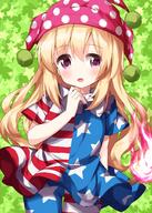 1girl american_flag_dress blonde_hair blush clownpiece cowboy_shot d fire flame green_background hand_up hat highres jester_cap long_hair looking_at_viewer neck_ruff one-hour_drawing_challenge open_mouth pink_eyes polka_dot ruu_(tksymkw) safe simple_background smile solo star_(symbol) starry_background thigh_gap torch touhou touhou_project very_long_hair // 1000x1400 // 249.9KB