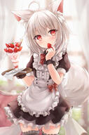 1girl ahoge animal_ear_fluff animal_ears bangs black_dress black_thighhighs blush bow bowtie character_request commission day dress dress_bow eating eyes_visible_through_hair food fox_ears fox_girl fox_tail frilled_dress frilled_legwear frilled_thighhighs frills fruit grey_hair hair_between_eyes hands_up highres holding holding_food holding_fruit holding_tray ice_cream indoors kata_rosu looking_at_viewer maid medium_hair pocky red_bow red_bowtie red_eyes sensitive short_sleeves skeb_commission solo spoon standing strawberry tail tail_raised thighhighs tray white_dress wrist_cuffs zettai_ryouiki // 1046x1585 // 1.2MB