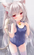 1girl animal_ear_fluff animal_ears bell blue_swimsuit blush breasts cat_ears cat_girl choker commission covered_navel grey_hair hair_ornament hairclip highres jingle_bell kata_rosu long_hair one-piece_swimsuit original red_eyes school_swimsuit sensitive shower_head showering skeb_commission small_breasts solo swimsuit thighhighs thighs tile_wall tiles two_side_up wet wet_clothes wet_swimsuit white_thighhighs // 926x1469 // 981.3KB
