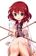 1_female 1girl between_fingers crossed_legs drumsticks female fringe girl hair_between_eyes horikawa_raiko jacket legs_crossed looking_at_viewer mature necktie open_mouth outstretched_arm plaid plaid_shirt pov red_eyes red_hair ruu_(tksymkw) safe shirt short_hair simple_background single solo tall_image touhou white_background white_jacket // 642x1000 // 382.5KB