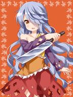 1_female bare_shoulders blue_hair blush commentary_request cowboy_shot detached_sleeves dress female fringe girl hair_over_one_eye hatchet high_resolution highres holding holding_object holding_weapon leaf leaf_(leaves) long_hair long_sleeves looking_at_viewer maple_leaf mature multicolored multicolored_clothes multicolored_dress open_mouth orange_background orange_dress orange_eyes oriental_hatchet parted_lips pov red_dress red_skirt ruu_(tksymkw) safe sakata_nemuno silver_hair simple_background single single_strap skirt smile solo standing tall_image touhou very_long_hair wavy_hair weapon yellow_dress // 1000x1333 // 784.6KB