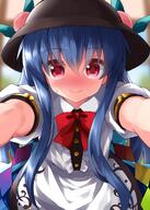 1girl black_headwear blue_hair blue_skirt blush bow bowtie eyebrows_visible_through_hair food foreshortening fruit full-face_blush hair_between_eyes hat highres hinanawi_tenshi lolibooru long_hair looking_at_viewer outstretched_arm peach puffy_short_sleeves puffy_sleeves reaching_out red_bow red_eyes ruu_(tksymkw) safe self_shot shirt short_sleeves skirt smile solo touhou touhou_project very_long_hair white_shirt // 1000x1400 // 990.0KB